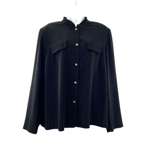 Vintage Talbots Button Down Shirt 14 Black Thick Mandarin Collar Quiet Luxury